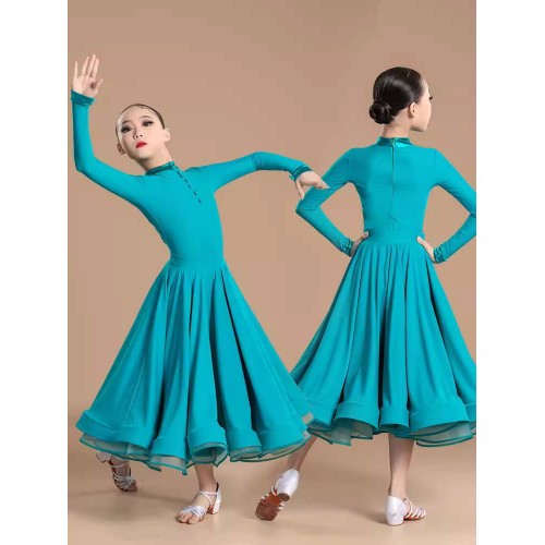 Kids girls Blue ballroom waltz dance dress Modern dance flamenco salsa rumba ballroom tango dance long skirts for girls 